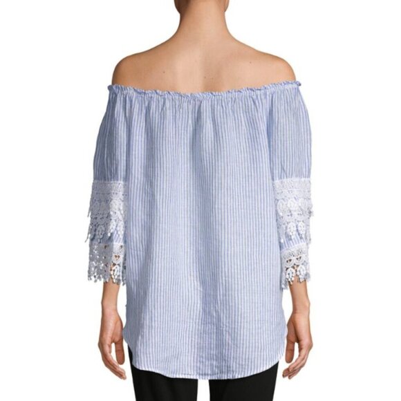 Saks Fifth Avenue 100& Linen Off-or on-Shoulder Blue Striped Lace Blouse Size M - Picture 3 of 16